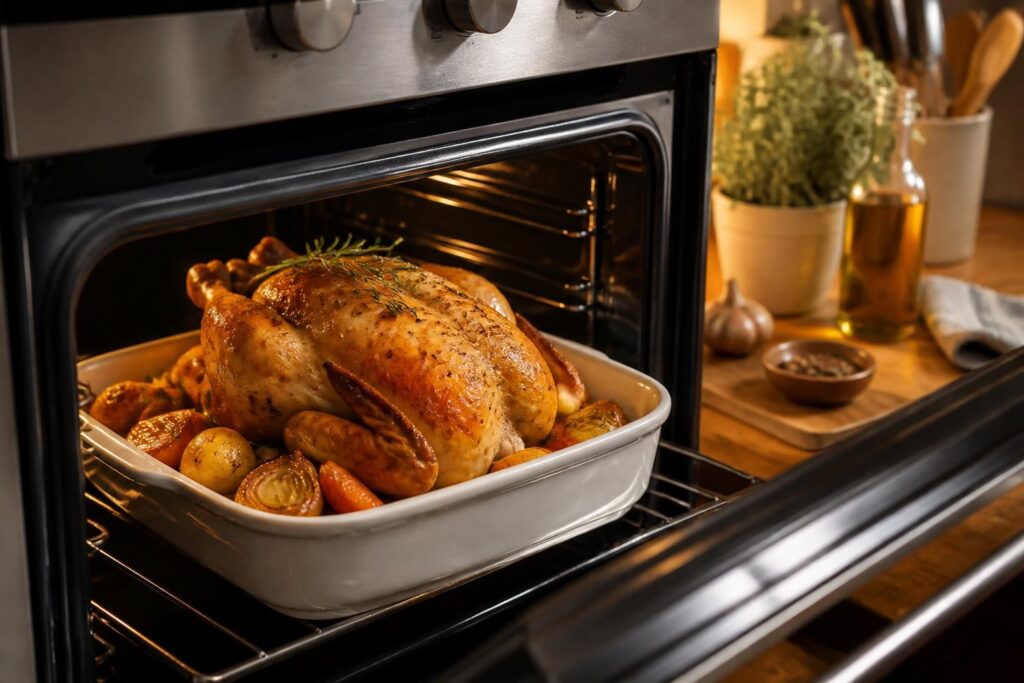 découvrez nos astuces pour réussir la cuisson d'un poulet au four avec une peau parfaitement croustillante et une chair tendre et juteuse.